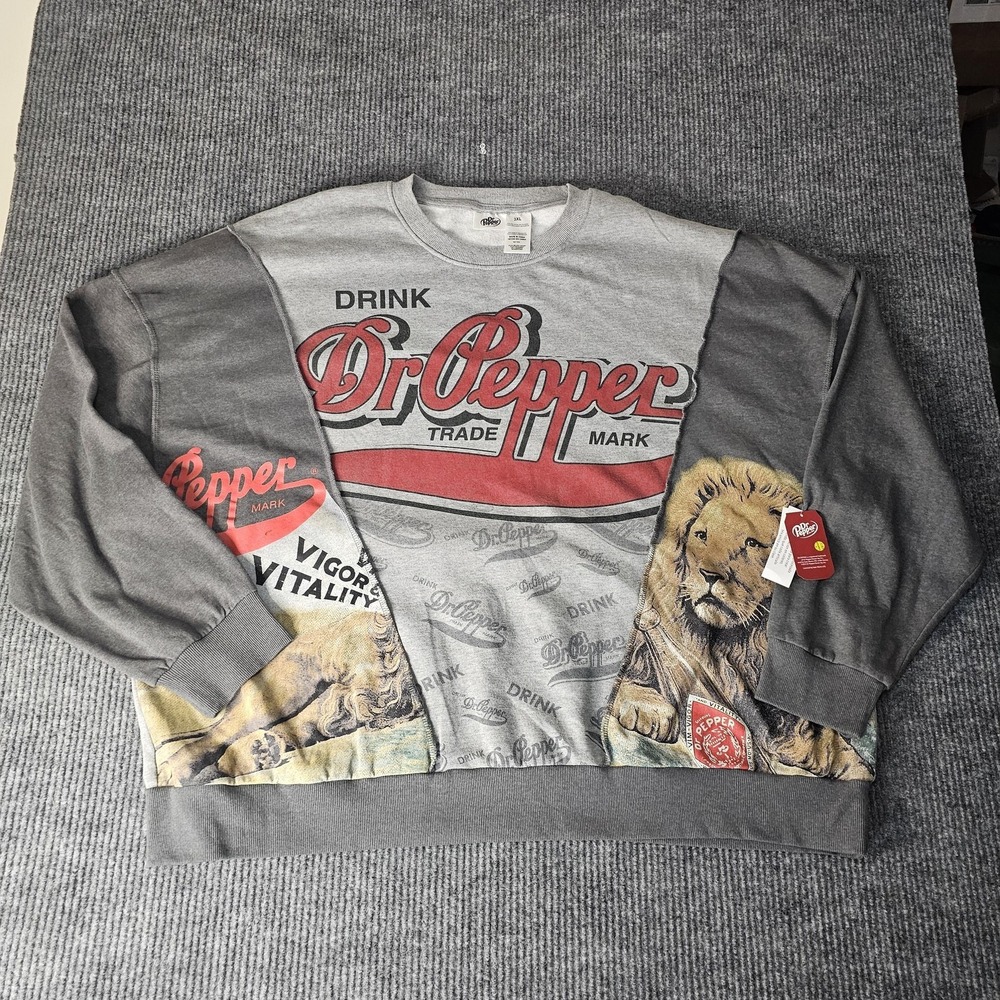 Dr Pepper Sweatshirt Mens 3XL Gray Lion Graphic Vintage Style Crewneck Fleece